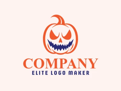 Logotipo disponible para venta en forma de una calabaza diabolica con estilo abstracto y colores naranja y azul oscuro.