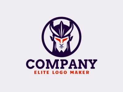 Logotipo listo para venta en forma de un guerrero malvado con diseño simple y colores naranja y azul oscuro.