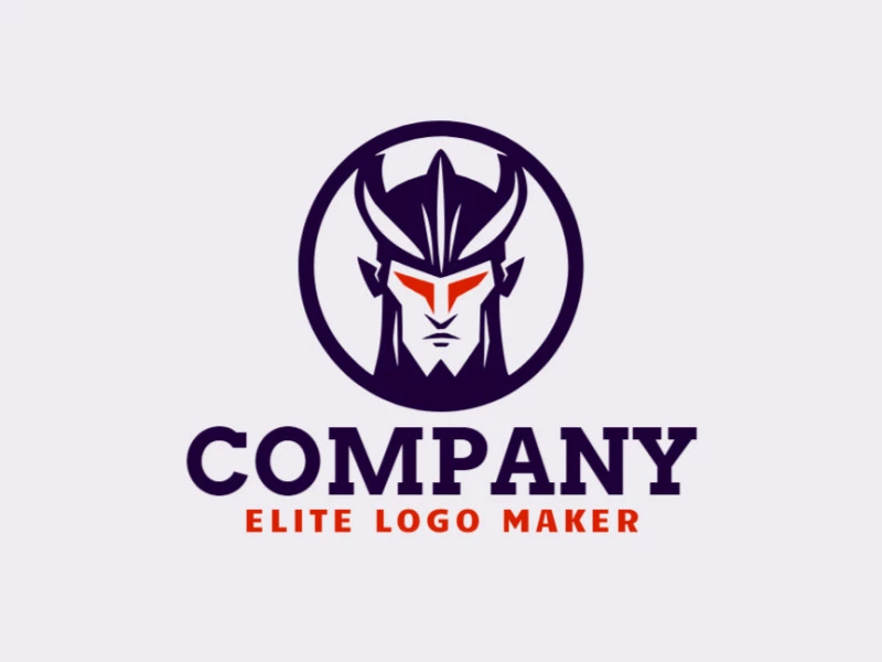 Logotipo listo para venta en forma de un guerrero malvado con diseño simple y colores naranja y azul oscuro.