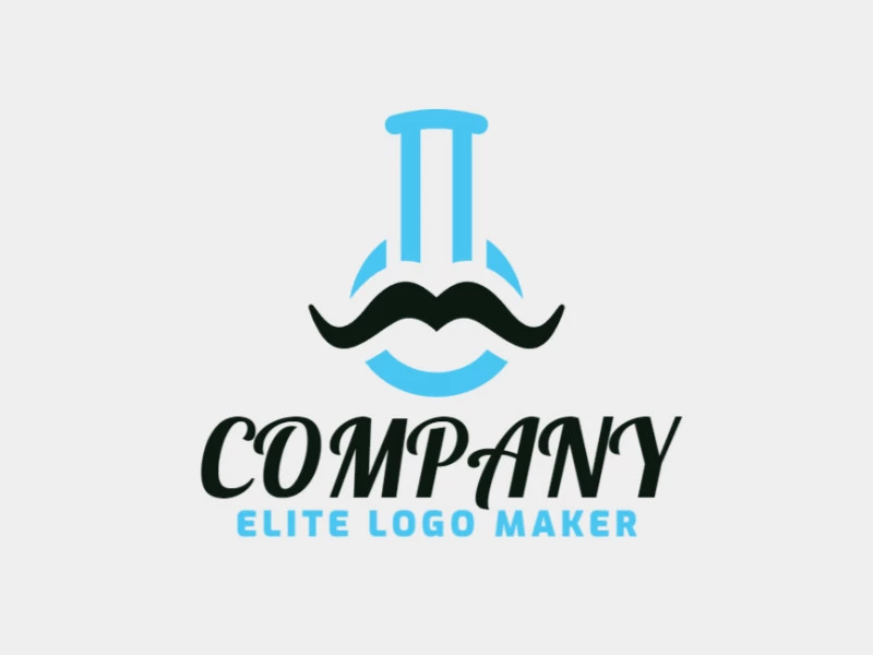 Logotipo minimalista con un diseño refinado, que forma un matraz combinado con un bigote, en colores azul y negro.