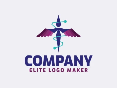 Logotipo disponible para venta en forma de una ave volando con estilo creativo y colores azul y violeta.