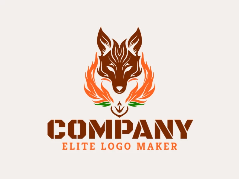 Este logo simétrico presenta un zorro con hojas en verde, marrón y naranja. Es una representación inspirada en la naturaleza, perfecta para empresas eco-friendly.