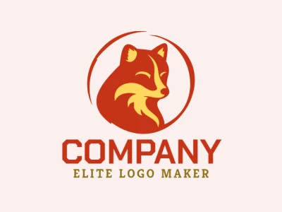 Un logotipo de mascota encantador con un zorro amigable, irradiando calidez y accesibilidad, en tonos vibrantes de rojo y amarillo oscuro.