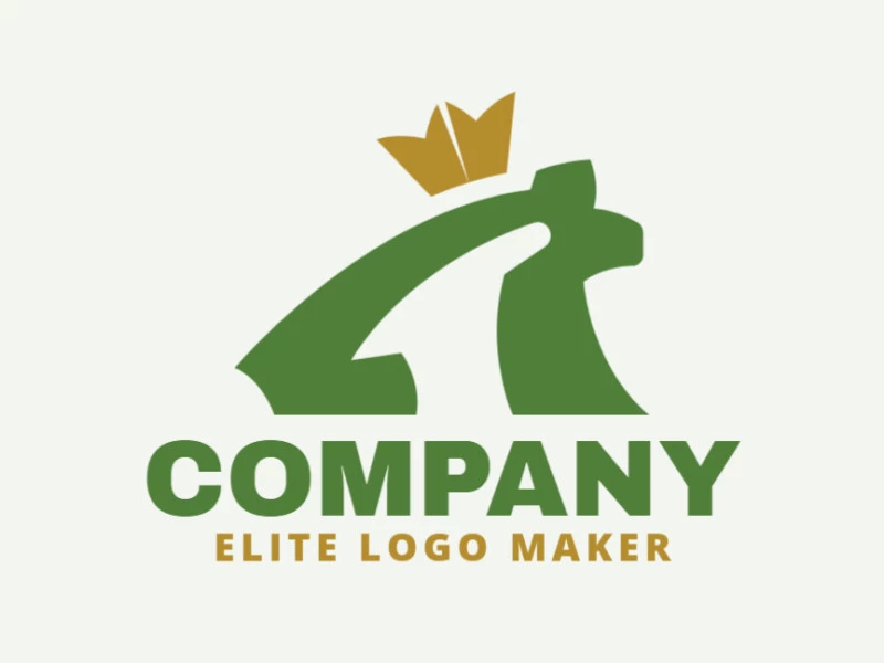 Logotipo minimalista con formas sólidas que forman una rana combinado con una corona con un diseño refinado y colores amarillo y verde.