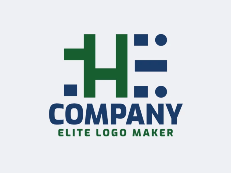 Logotipo minimalista con un diseño refinado que forma una letra "H" combinado con una letra "E", en colores verde y azul.