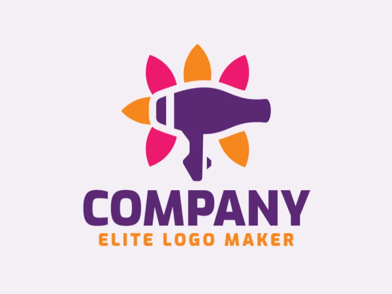 Cree un logotipo memorable para su negocio en forma de un secador de pelo combinado con una flor, con un estilo doble sentido y un diseño creativo.