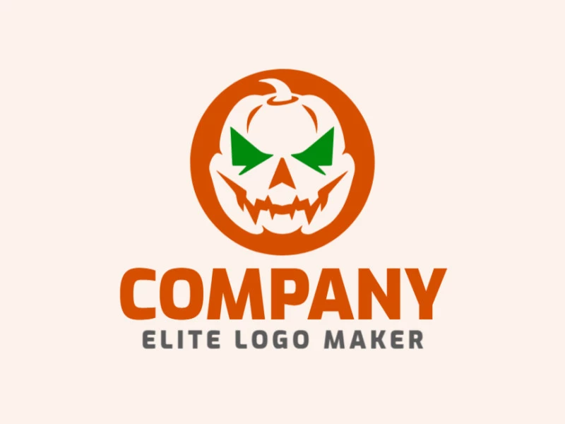 Logotipo creativo con formas sólidas que forman una calabaza de halloween con un diseño refinado y colores naranja oscuro y verde oscuro.