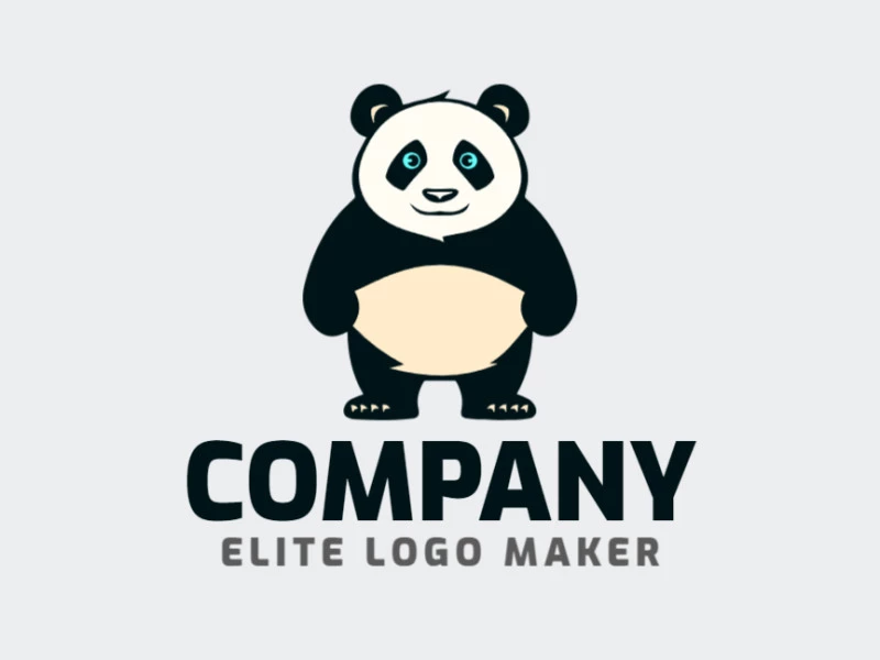 Un logotipo de mascota alegre con un panda feliz, irradiando alegría y calidez en tonos azul, negro y beige.