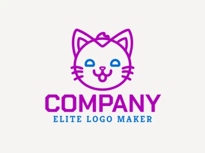 Un logotipo monoline de negocios con la cabeza de un gato morado, diseñado con líneas limpias y estilo minimalista para una apariencia elegante y profesional.