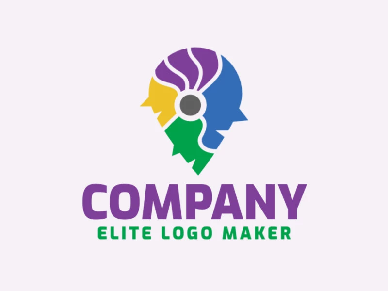 Cree un logotipo vectorial para su empresa en forma de cabezas con un estilo abstracto, los colores utilizados son azul, amarillo, verde, violeta, y gris.