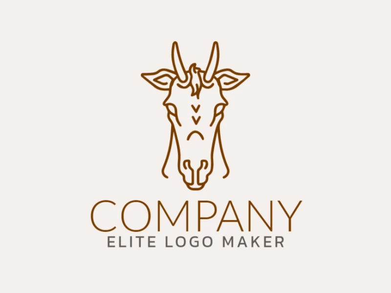 Logotipo listo para venta en forma de caballo con cuernos con diseño multiples lineas y color marrón oscuro.