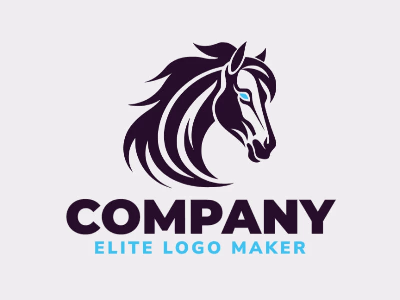 Logotipo personalizable en forma de una cabeza de caballo compuesto por un estilo mascota y colores azul y negro.