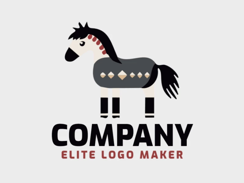 Logotipo personalizable en forma de un caballo compuesto por un estilo infantil y colores rojo, gris, negro, y beige.