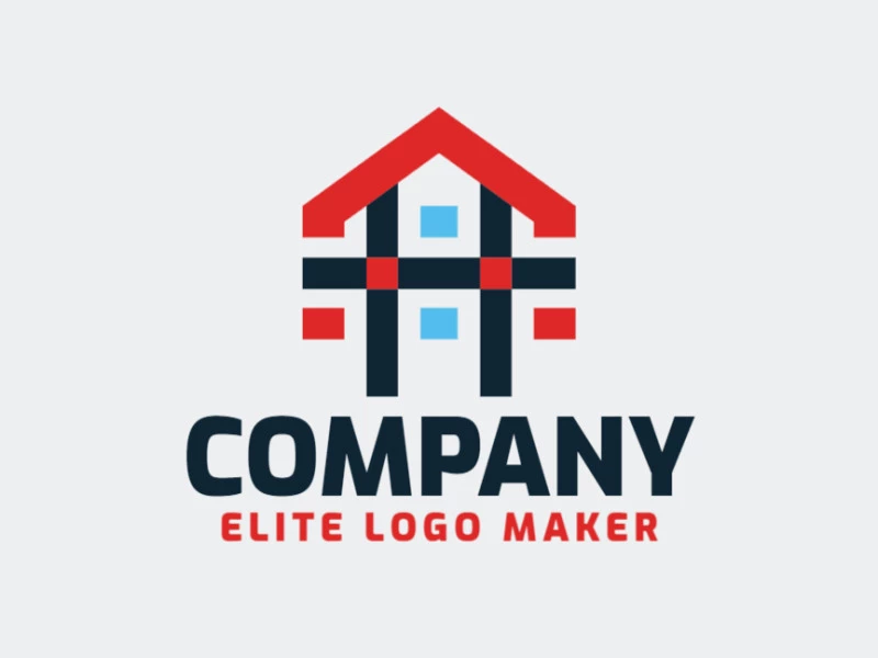 Crear su propio logotipo en forma de una casa con un estilo minimalista y colores azul y rojo.