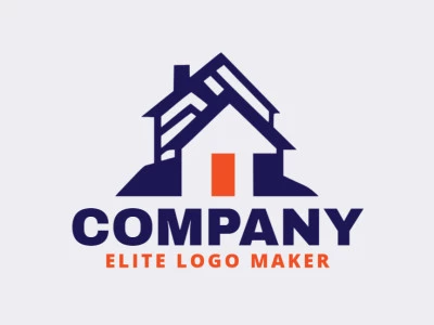 Logotipo listo para venta en forma de una casa con diseño simple y colores naranja y azul oscuro.