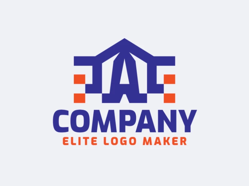 Logotipo en forma de una casa combinado con una letra "A", con diseño minimalista y colores azul y naranja.