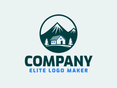 Crea un logotipo ideal para tu negocio en forma de una casa combinado con una montaña con un estilo circular y colores personalizables.