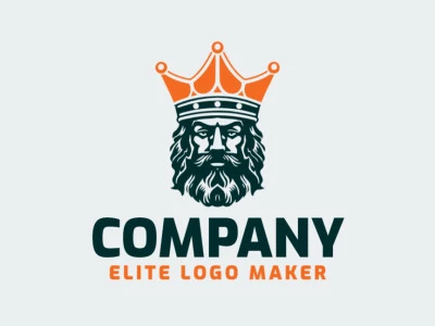 Logotipo simétrico con formas sólidas que forman un rey con corona con un diseño refinado y colores naranja y negro.