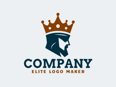 Logotipo simple con formas sólidas que forman un rey con corona con un diseño refinado y colores marrón y azul oscuro.