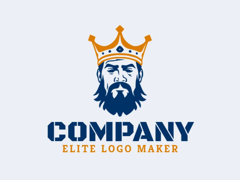 Logotipo en forma de un rey con corona con diseño abstracto y colores azul y amarillo.