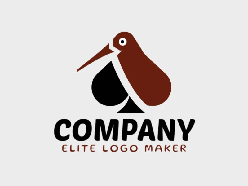 Logotipo personalizable en forma de un pájaro kiwi combinado con un traje de picas, con diseño creativo y estilo abstracto.