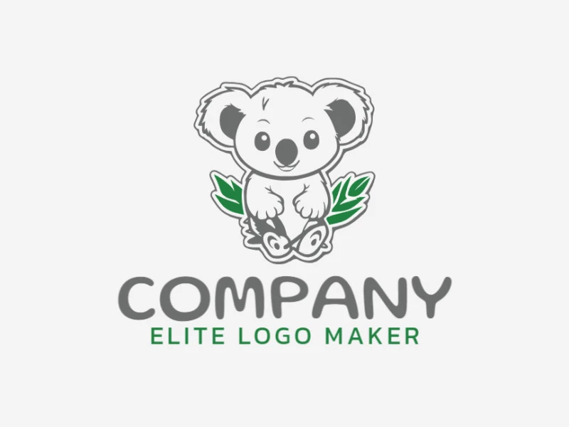 Crear su propio logotipo en forma de un coala combinado con hojas, con un estilo infantil y colores verde y gris.