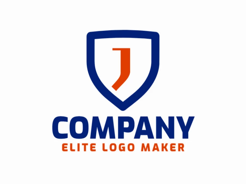 Un logotipo minimalista que presenta la letra 'J' combinada con un escudo, en colores azul y naranja, haciéndolo interesante, notable y perfecto para negocios.