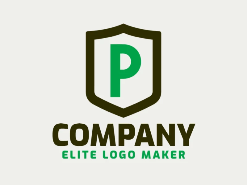 Un logotipo de emblema interesante y profesional que presenta la letra 'p' integrada con un escudo, en una combinación cautivadora de verde y marrón oscuro.