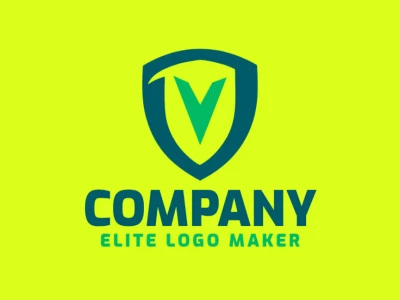 Diseño de logo con un escudo y la letra 'V' en verde y azul, ofreciendo un emblema creativo e inspirador, totalmente editable.