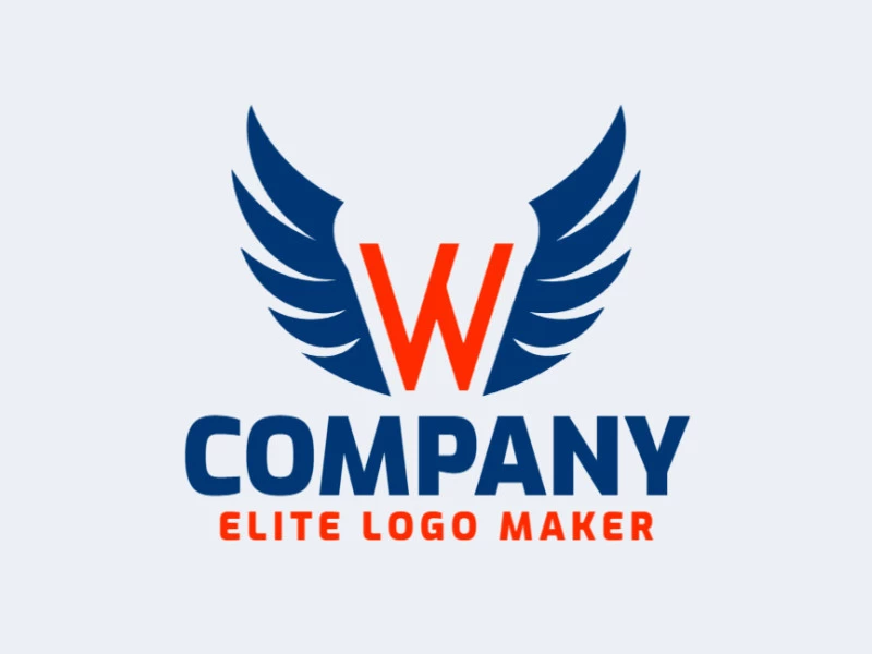 Un logotipo minimalista con la letra 'W' con alas, acentuado en azul y naranja, ideal para una marca que busca una identidad elegante y moderna.