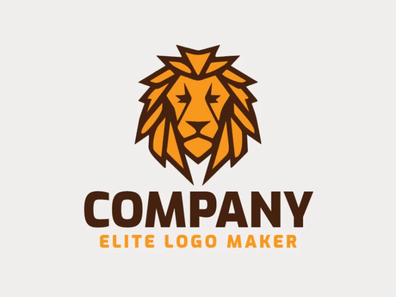 Una logotipo de cabeza de león simétrica con una combinación de marrón y amarillo. Mostrando el poder y la fuerza del león pero aún elegante y sofisticado.