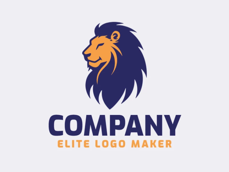 Logotipo mascota con formas sólidas que forman una cabeza de león con un diseño creativo y colores naranja y azul oscuro.