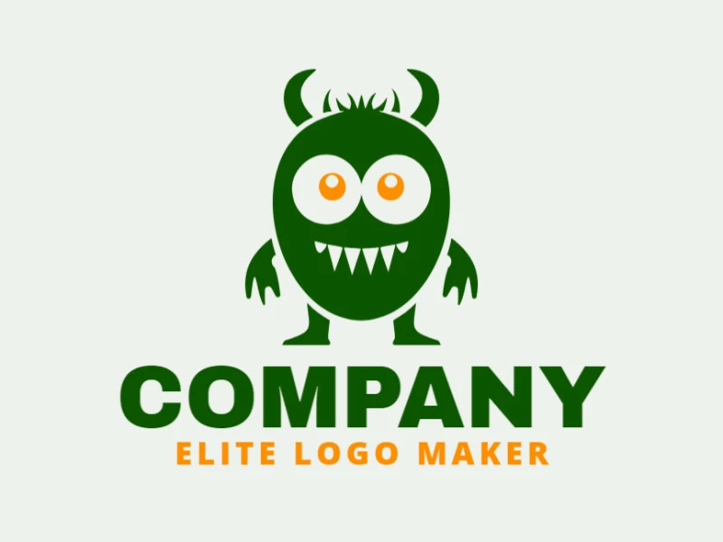 Logotipo disponible para venta en forma de un pequeño monstruo con estilo infantil y colores verde y naranja.