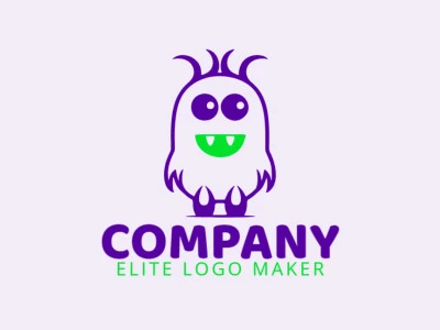 Logotipo personalizable en forma de un pequeño monstruo compuesto por un estilo infantil y colores verde y violeta.