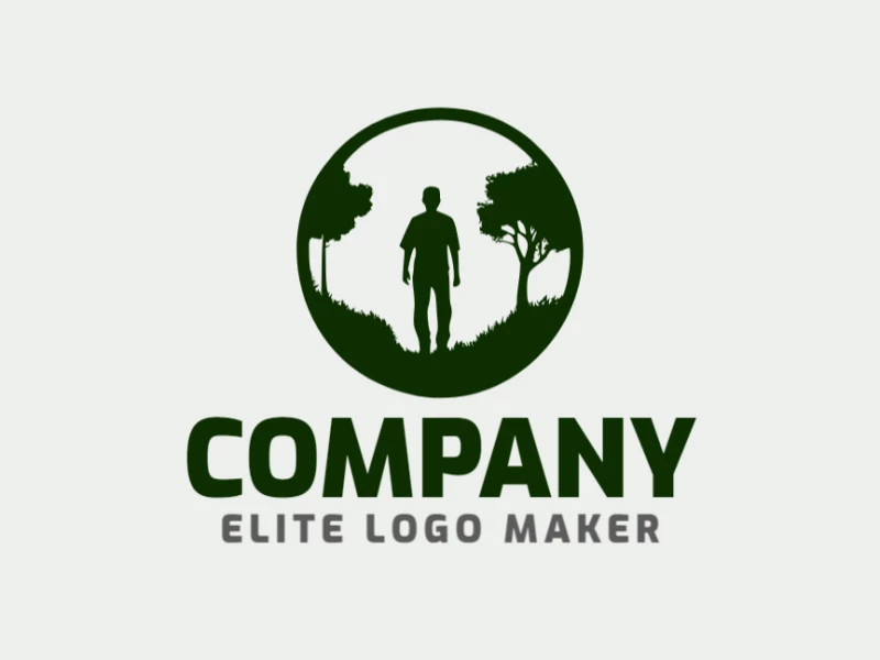 Un logotipo circular que presenta a un hombre en el bosque, bañado en un verde oscuro sereno, encapsulando la armonía de la naturaleza.