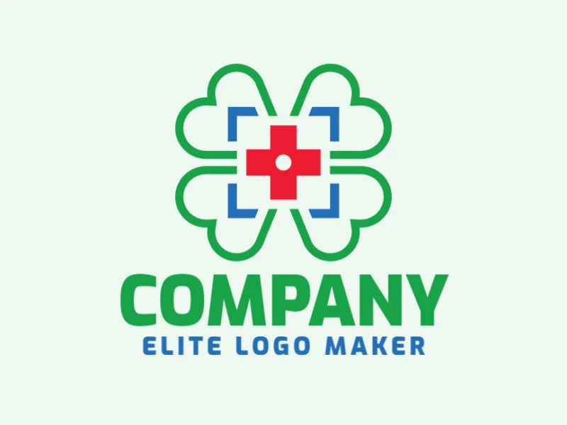 Logotipo simétrico con formas sólidas que forman un trébol combinado con una cruz con un diseño refinado y colores azul, rojo, y verde.