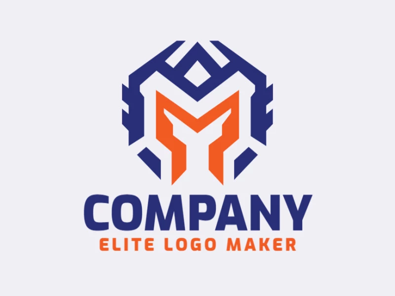 Logotipo simple con un diseño refinado que forma un casco medieval combinado con una letra "M", en colores azul y naranja.