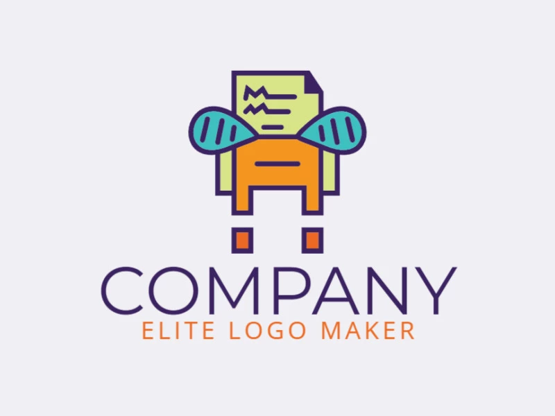 Logotipo creativo en forma de un monstruo combinado con un documento con un diseño memorable y un estilo abstracto, los colores utilizados son azul, verde, violeta, y naranja.