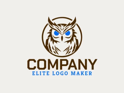 Logotipo creativo en forma de un búho nocturno con un diseño memorable y un estilo mascota, los colores utilizados son azul y marrón oscuro.