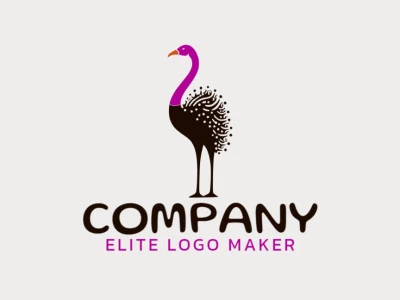 Logotipo ilustrativo con formas sólidas que forman un avestruz con un diseño refinado y colores naranja, negro, y rosa.