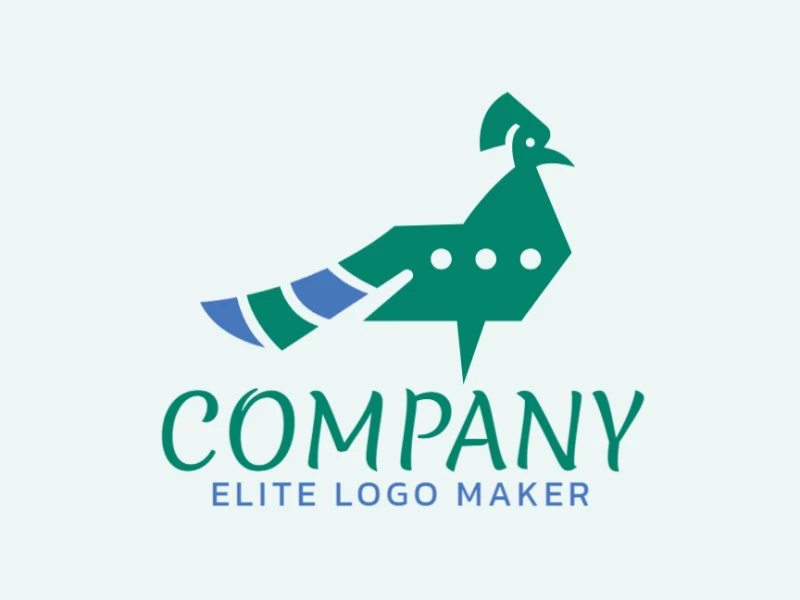 Cree un logotipo vectorial para su empresa en forma de un pavo real combinado con un cuadro de chat con un estilo minimalista, los colores utilizados son azul y verde.