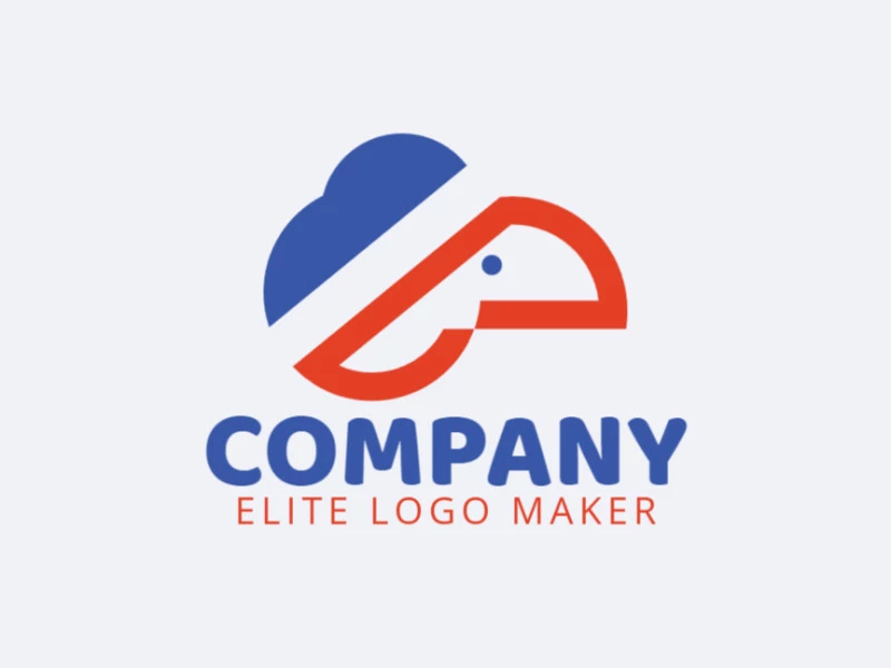 Logotipo minimalista con formas sólidas que forman un pelícano combinado con una nube con un diseño refinado y colores azul y naranja.