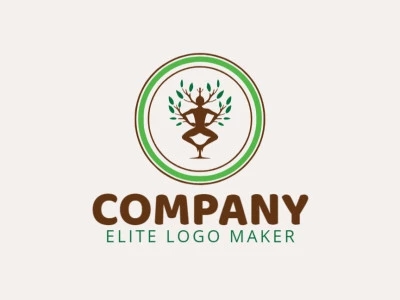 Logotipo en forma de una persona combinado con hojas con diseño abstracto y colores verde, marrón oscuro, y verde oscuro.