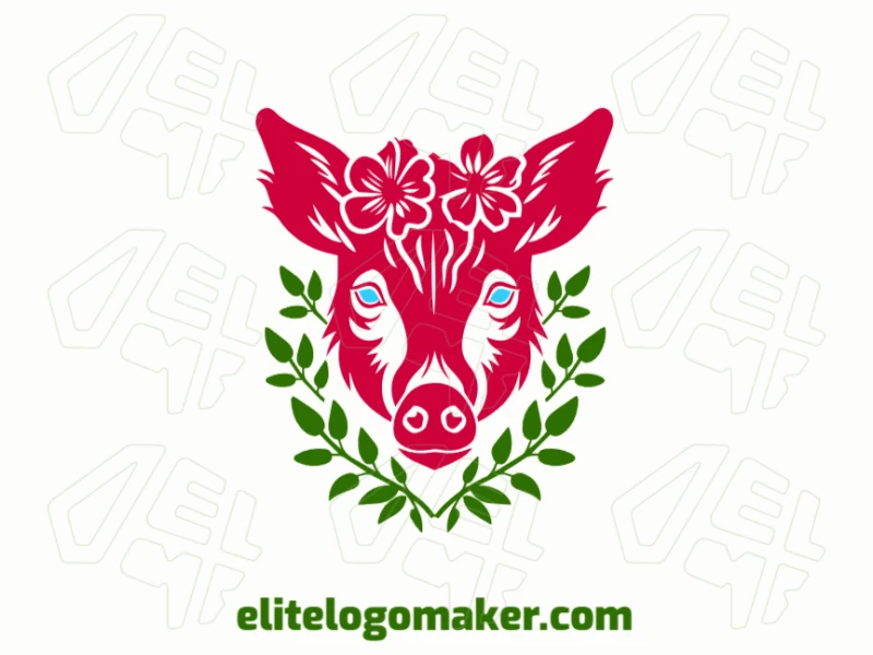 Diseño de logotipo animal con la cabeza de cerdo combinada con elementos de la naturaleza, creado de manera completamente editable para una fácil personalización.