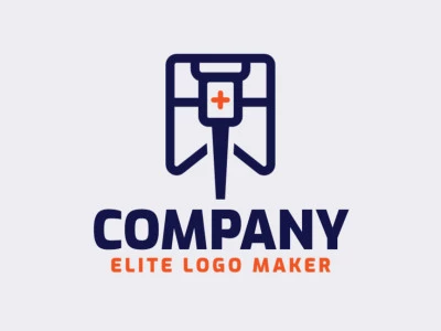 Logotipo simple compuesto de formas abstractas, que forman un alfiler combinado con una bandera en colores azul y naranja.