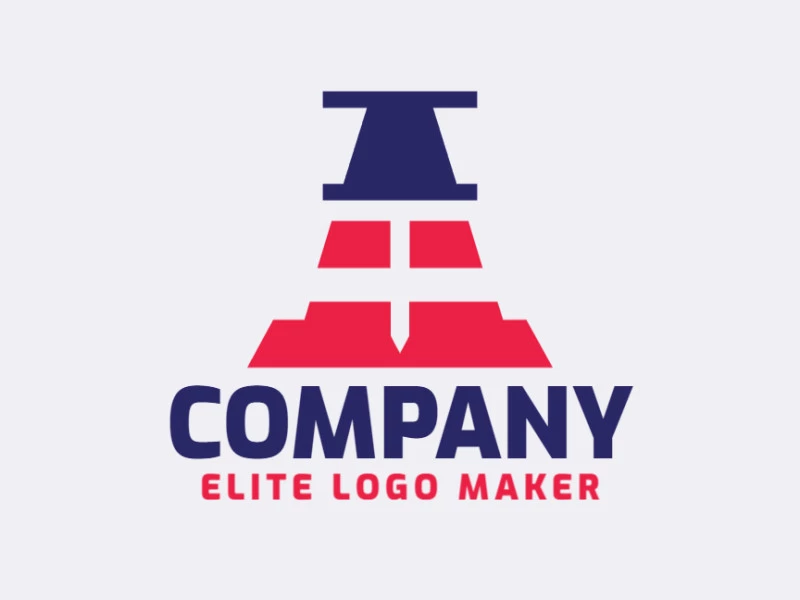 Logotipo minimalista creado con formas abstractas que forman un alfiler combinado con un cono, en colores azul y rojo.