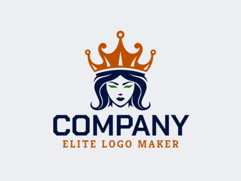 Crear un logotipo para su empresa en forma de una reina con una corona con estilo simétrico y colores azul oscuro, naranja oscuro, y verde oscuro.