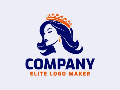 Logotipo minimalista con formas sólidas que forman una reina con corona con un diseño creativo y colores naranja y azul oscuro.