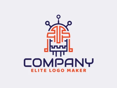 Logotipo monoline con un diseño refinado que forma un robot en colores azul y naranja.