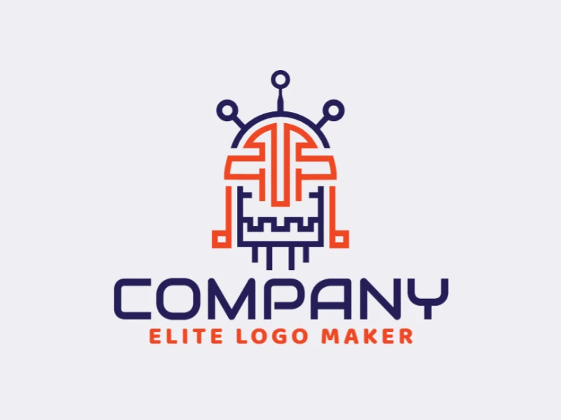 Logotipo monoline con un diseño refinado que forma un robot en colores azul y naranja.